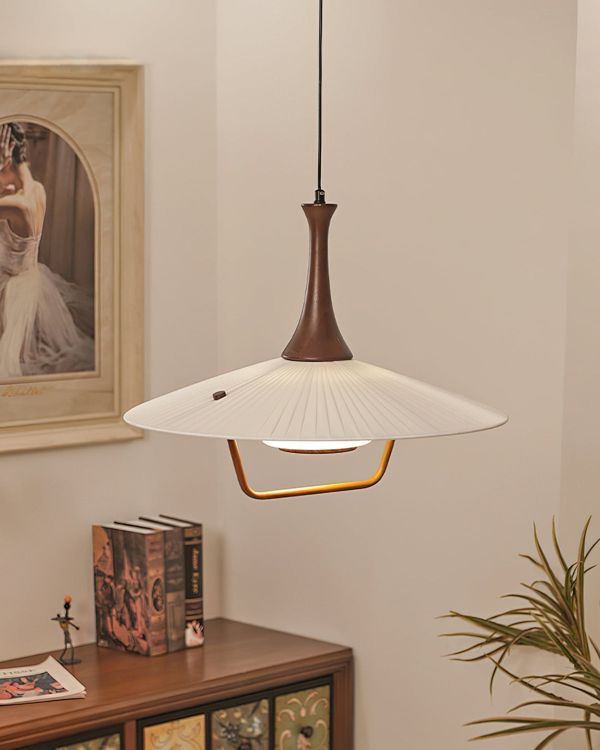 Vionne Mid-Century Wood and White Pendant Lamp-Neutral Decor