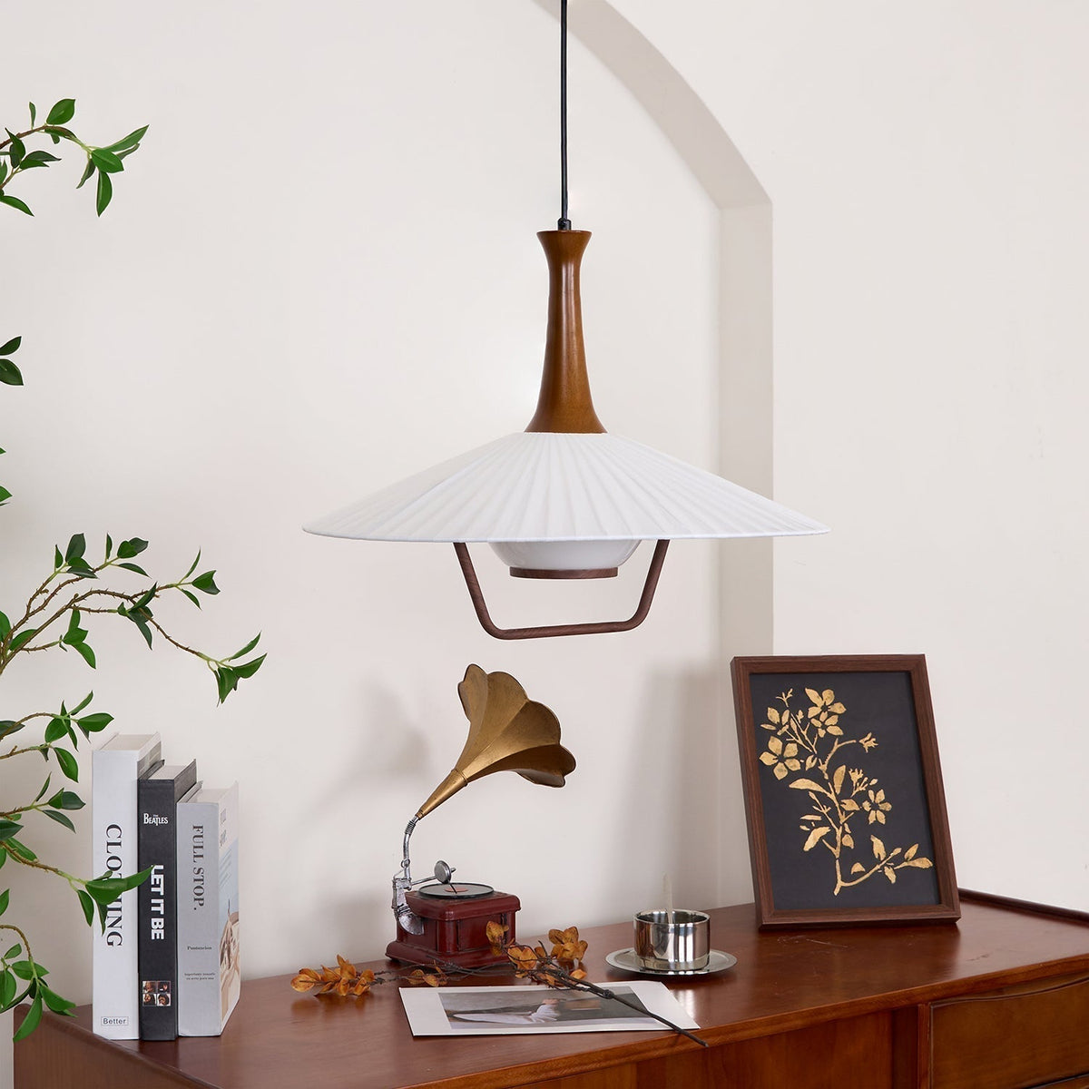 Vionne Mid-Century Wood and White Pendant Lamp-Neutral Decor