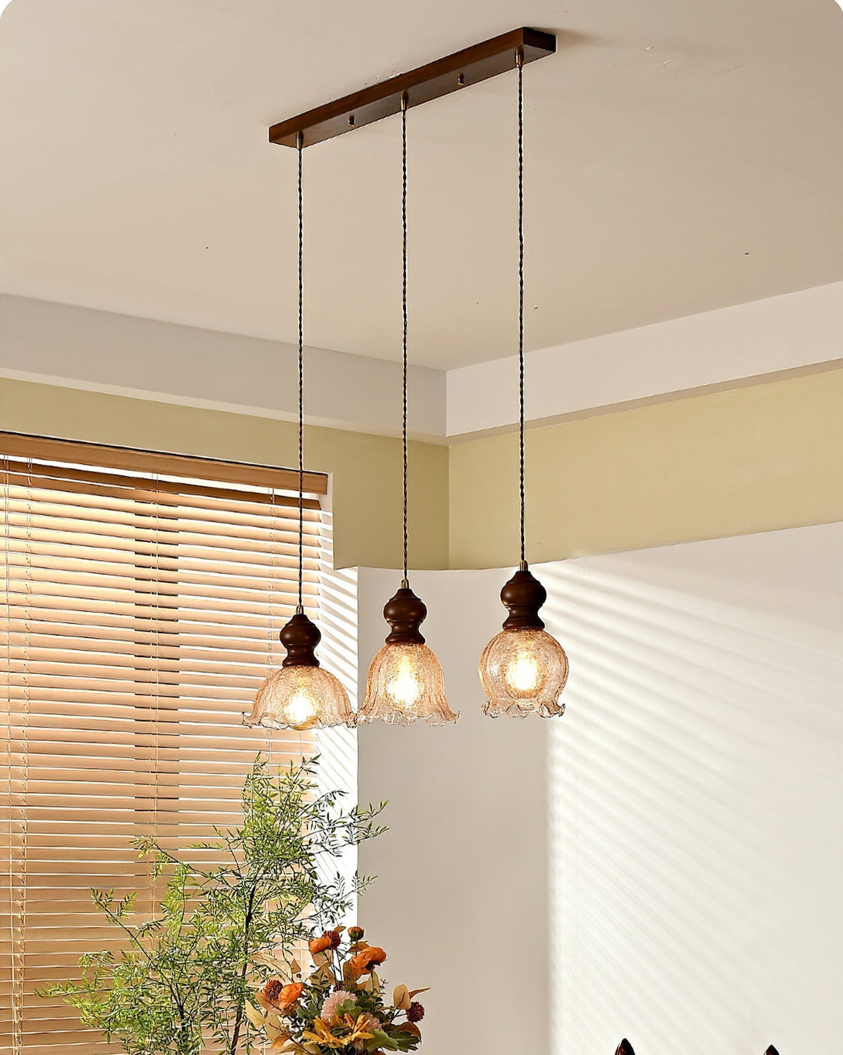 Detail shot of the light fixture's wooden component showing the grain.