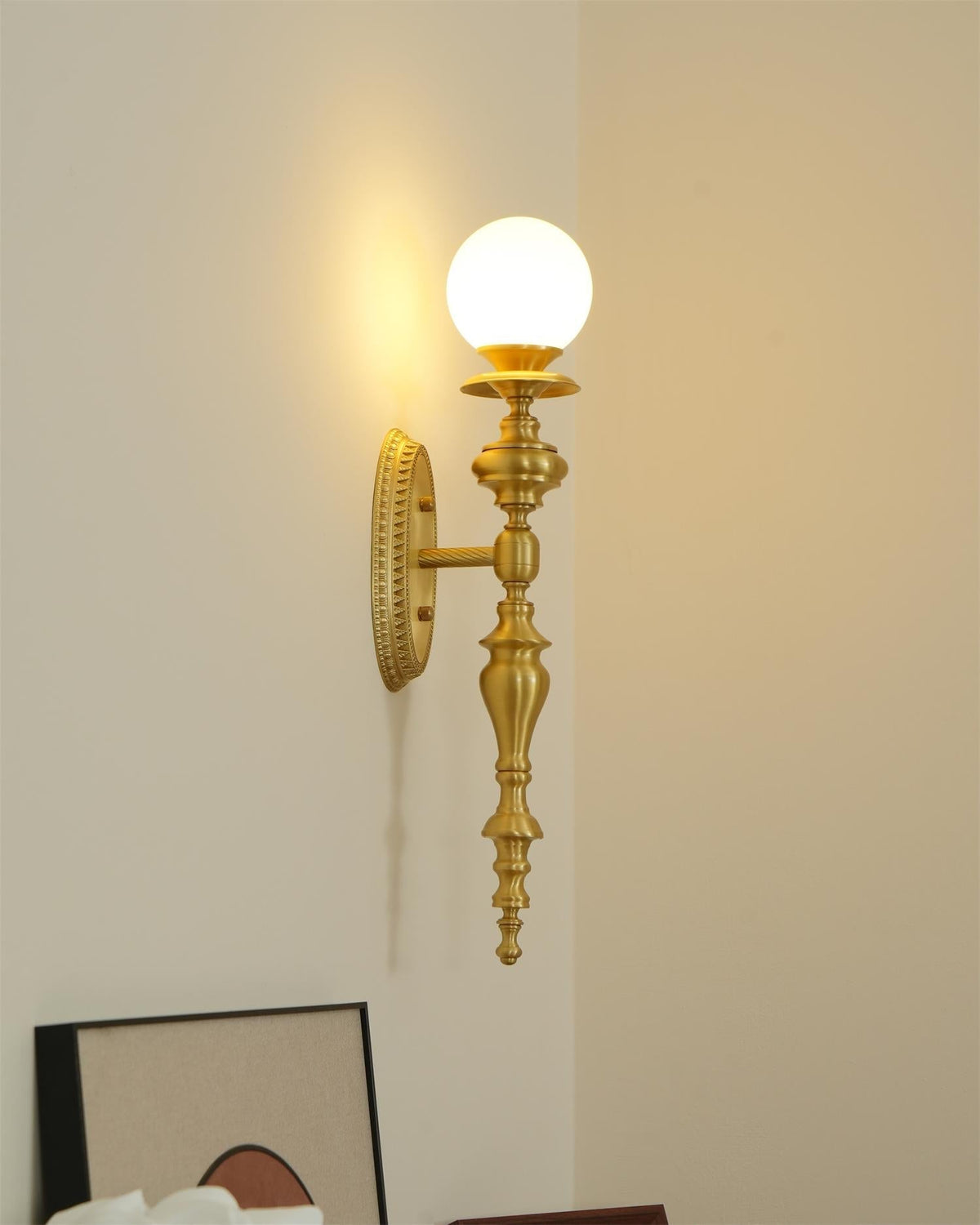 Wall Lamp Sculpted Brass Body Globe Shade Classic Elegant Statement-Neutral Decor