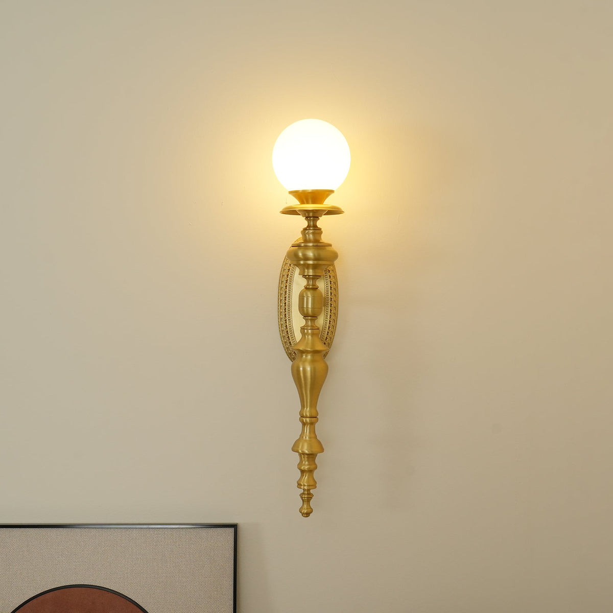 Wall Lamp Sculpted Brass Body Globe Shade Classic Elegant Statement-Neutral Decor