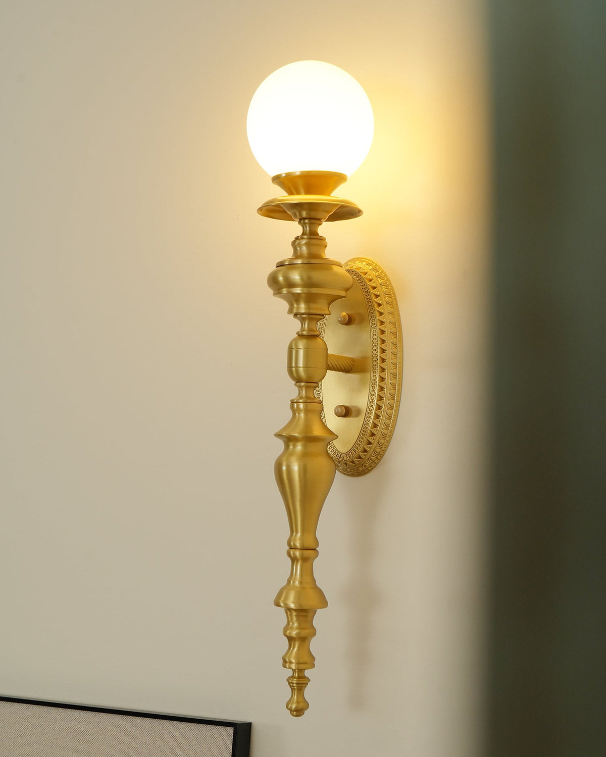 Wall Lamp Sculpted Brass Body Globe Shade Classic Elegant Statement-Neutral Decor