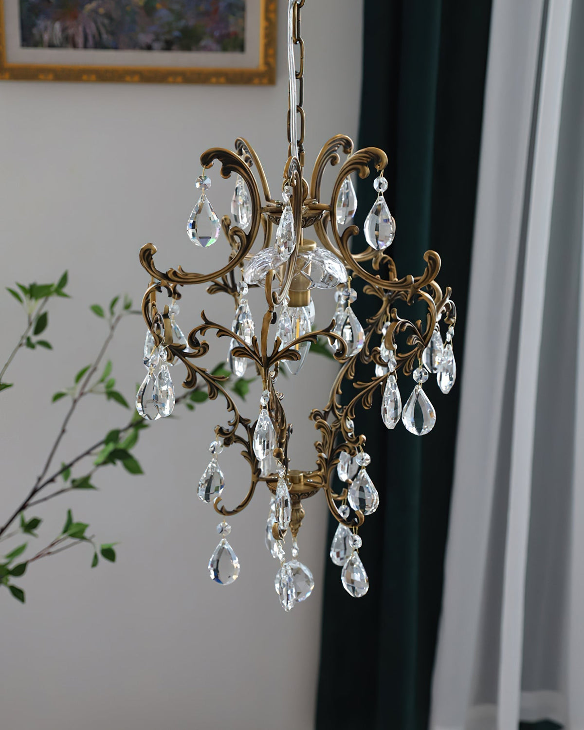 Side view of the brass birdcage pendant light.