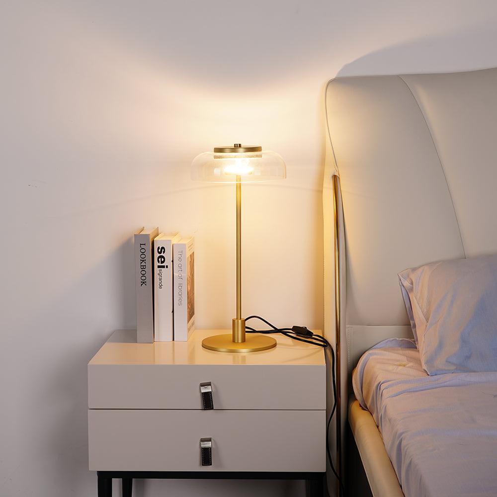 Rinelette Lampe de Table Verre Clair Ombrelle Bois Base