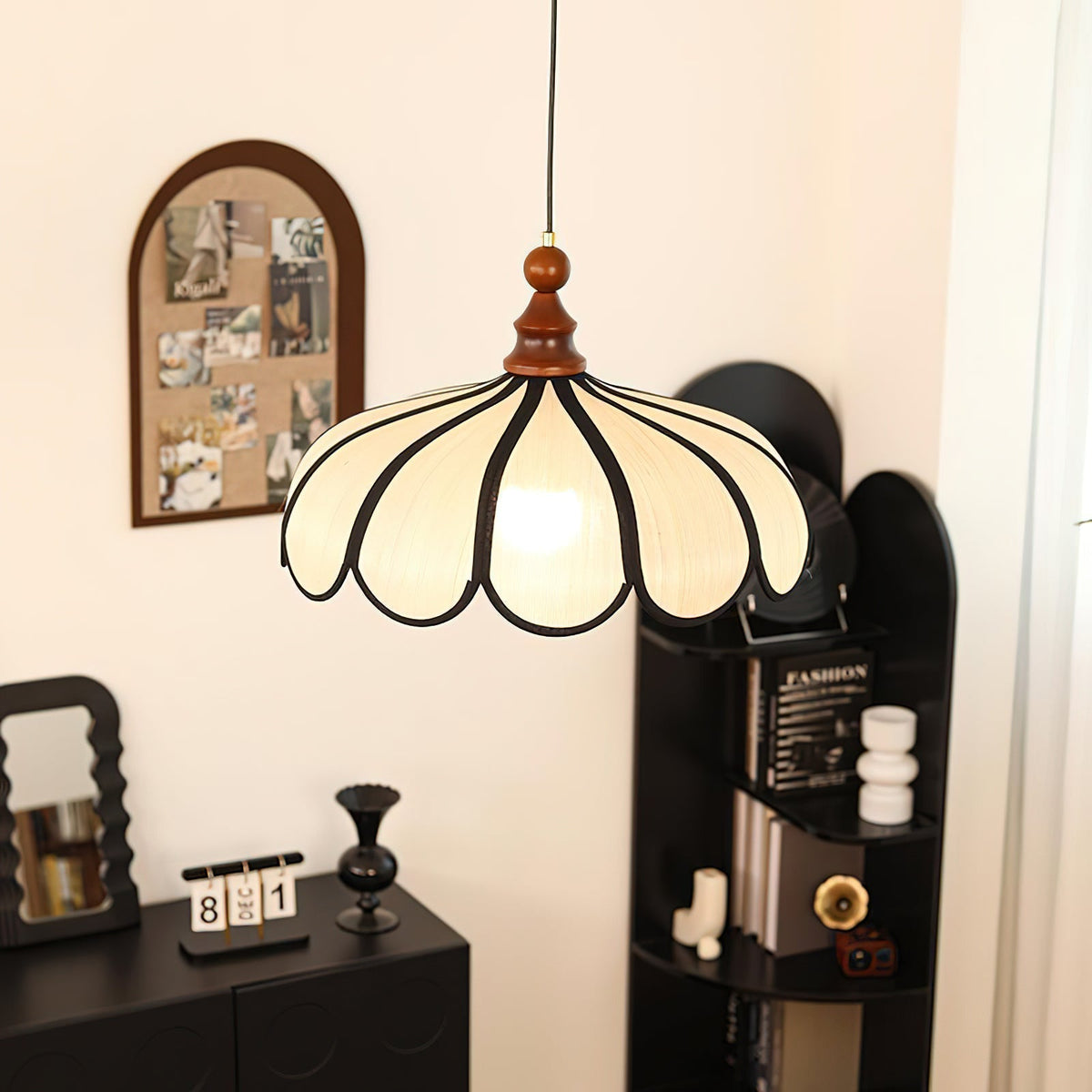 Detail shot of the wooden accent and metal fixture of the Botan Pendant Light.