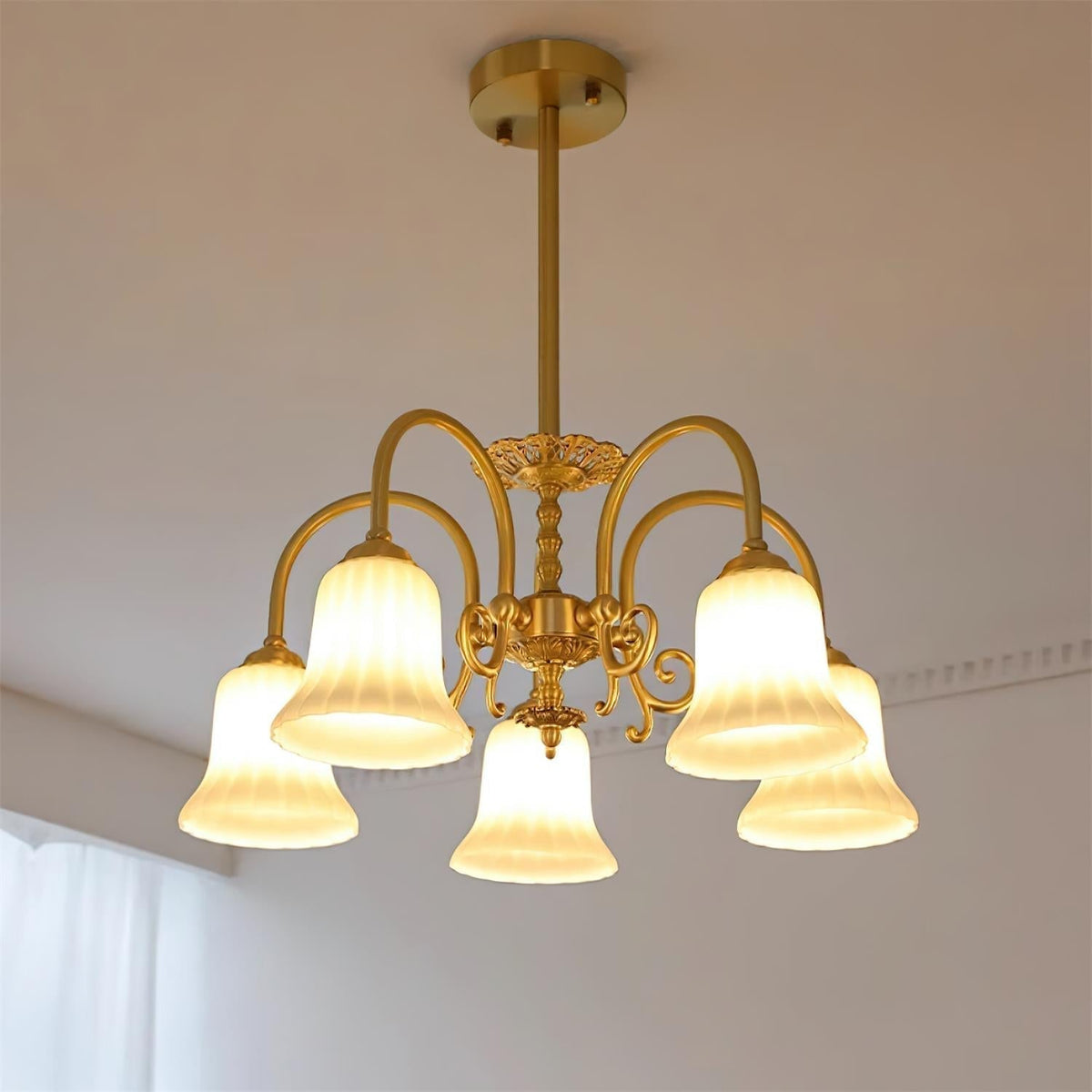 Chandelier with Brass Arms White Glass Shades Opulent Luxe-Neutral Decor