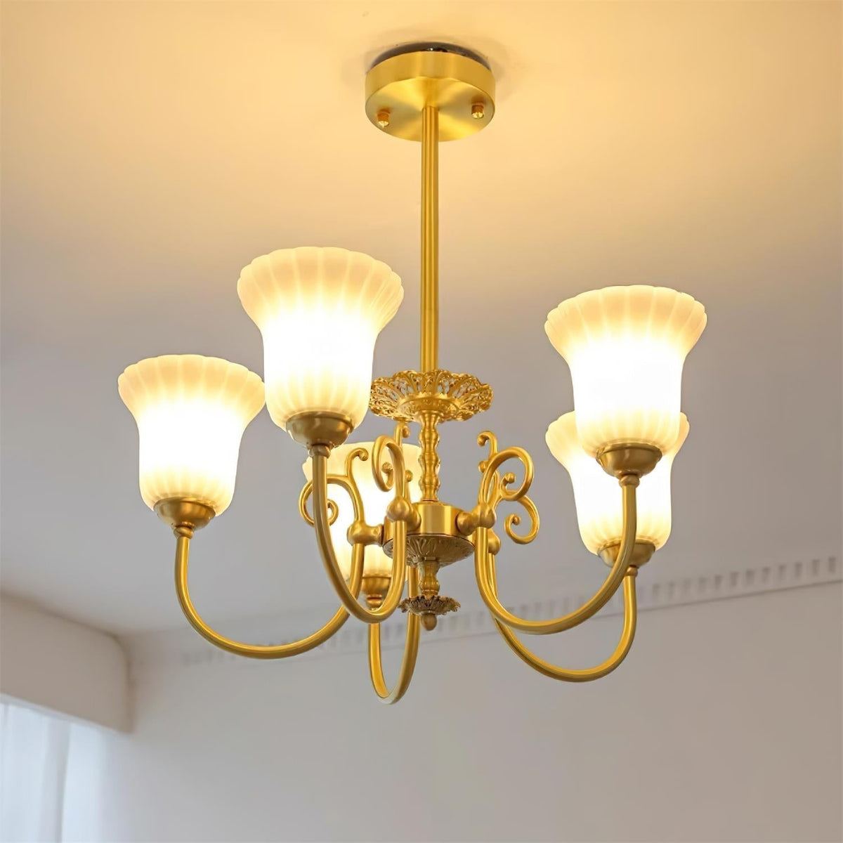 Chandelier with Brass Arms White Glass Shades Opulent Luxe-Neutral Decor