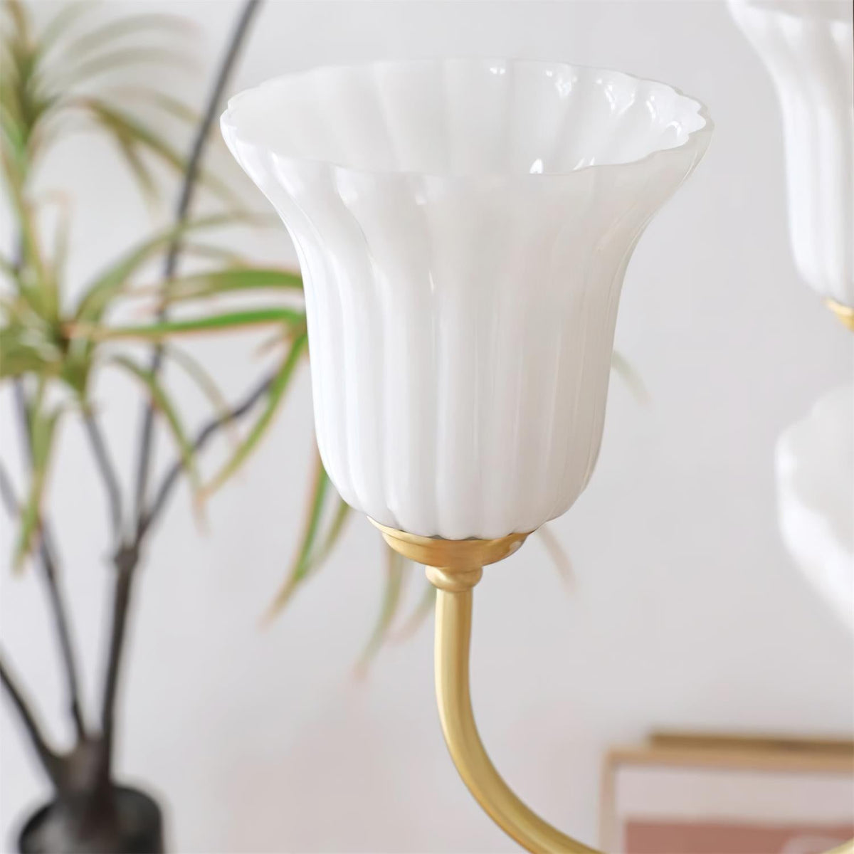 Chandelier with Brass Arms White Glass Shades Opulent Luxe-Neutral Decor