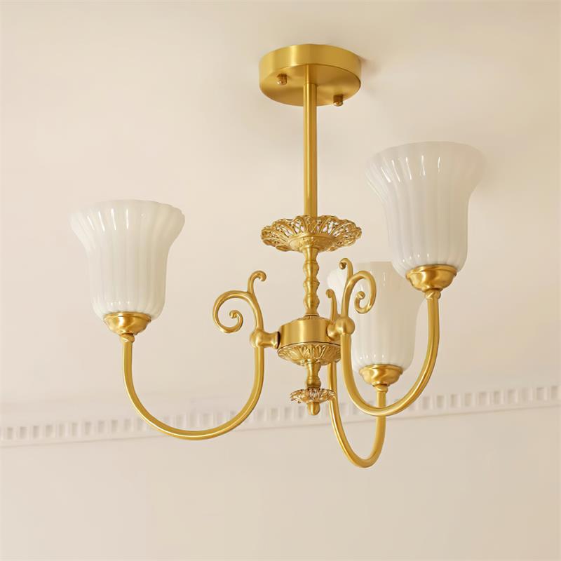 Chandelier with Brass Arms White Glass Shades Opulent Luxe-Neutral Decor