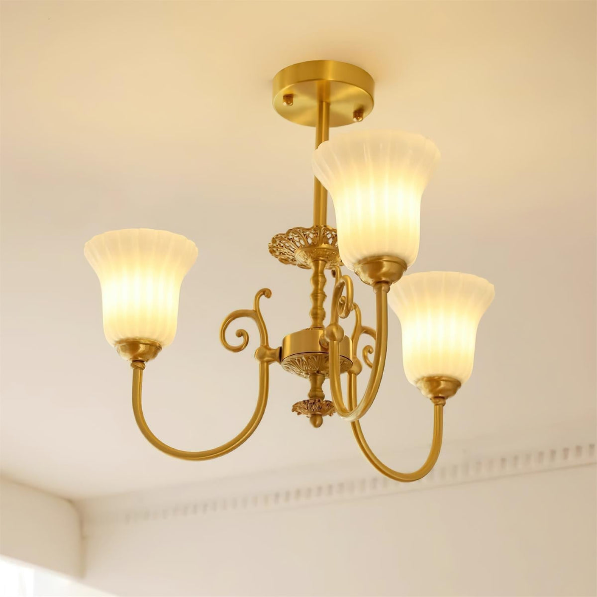 Chandelier with Brass Arms White Glass Shades Opulent Luxe-Neutral Decor