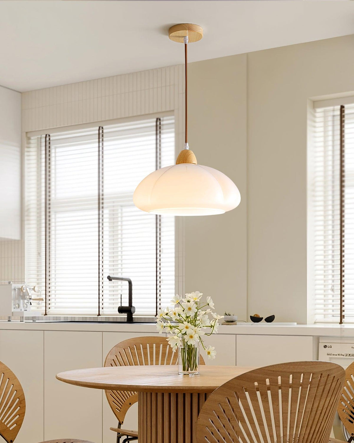 Pendant Lamp Rounded Glass Shade Wood Accent Playful Modern Touch-Neutral Decor