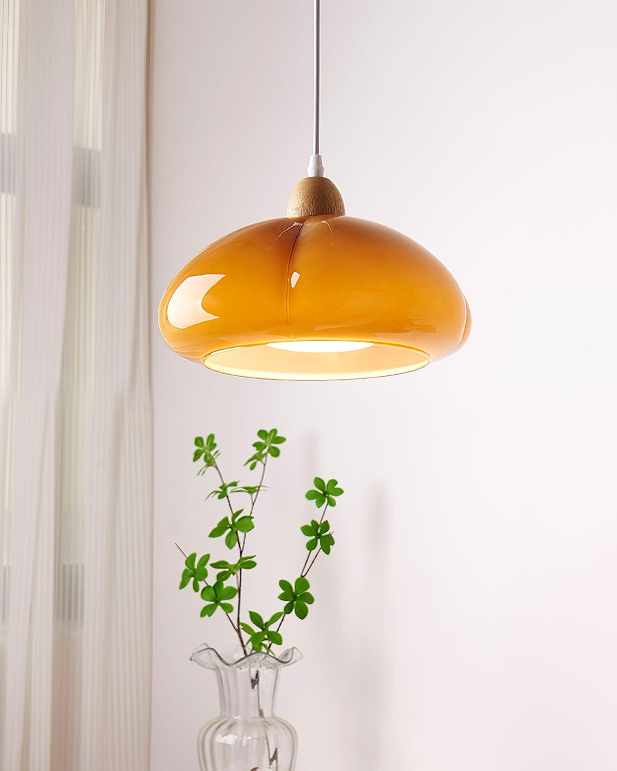 Pendant Lamp Rounded Glass Shade Wood Accent Playful Modern Touch-Neutral Decor