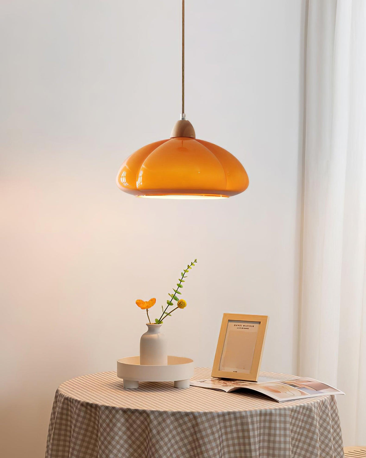 Pendant Lamp Rounded Glass Shade Wood Accent Playful Modern Touch-Neutral Decor