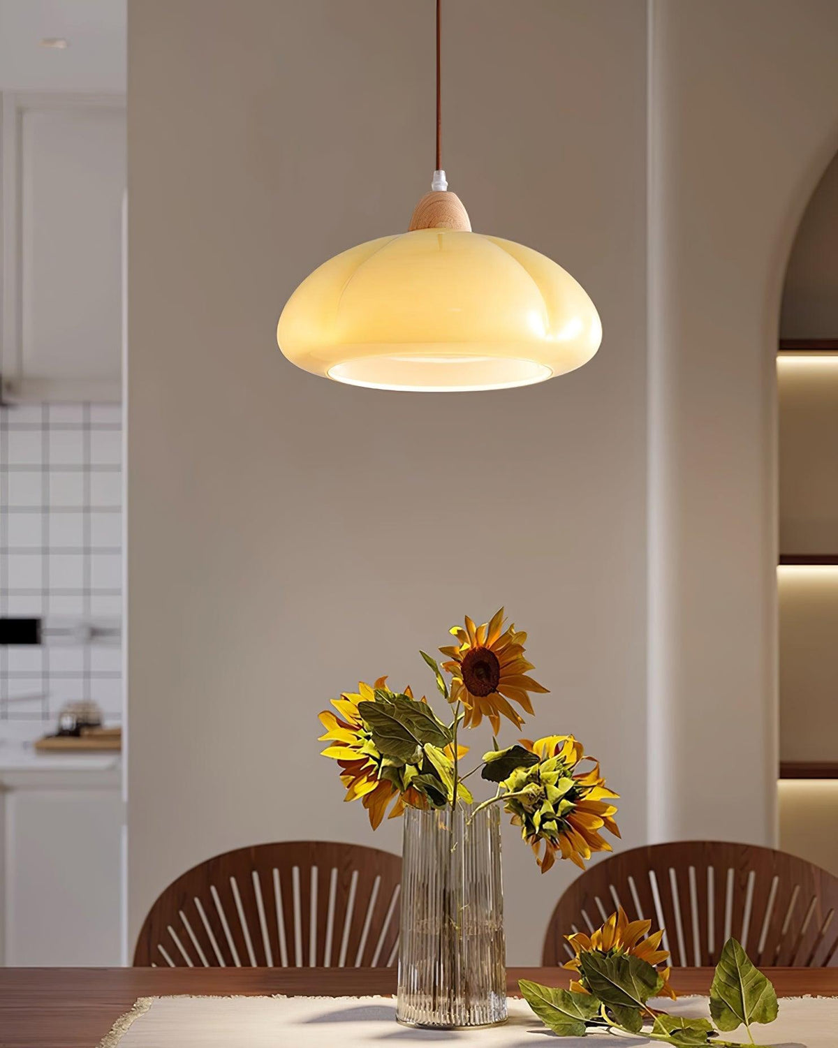 Pendant Lamp Rounded Glass Shade Wood Accent Playful Modern Touch-Neutral Decor