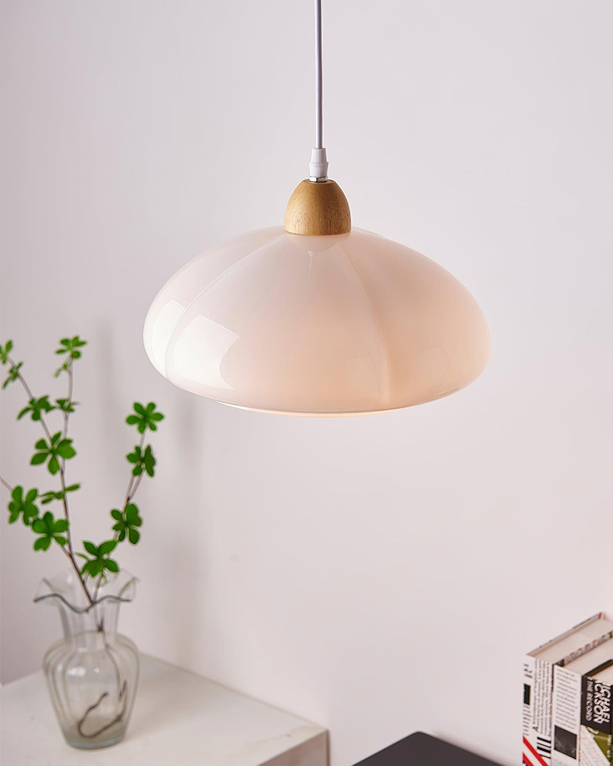 Pendant Lamp Rounded Glass Shade Wood Accent Playful Modern Touch-Neutral Decor