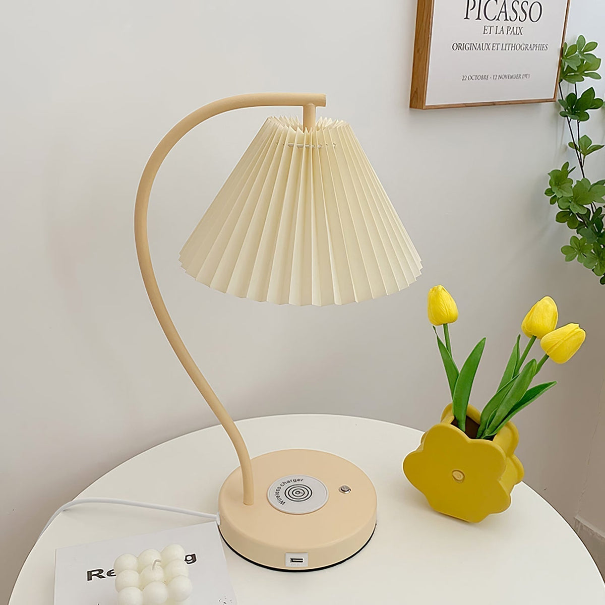 Muto Lampe de Table Plissé Nordique, Métal/Fibre, Blanc/Beige, Salon