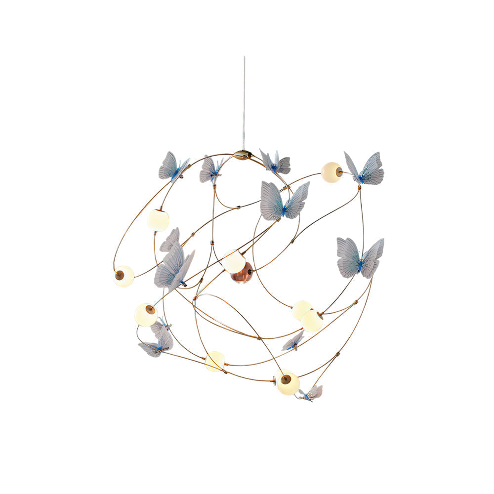 Faye Orbit Butterfly Chandelier with a gold frame in a modern living room.