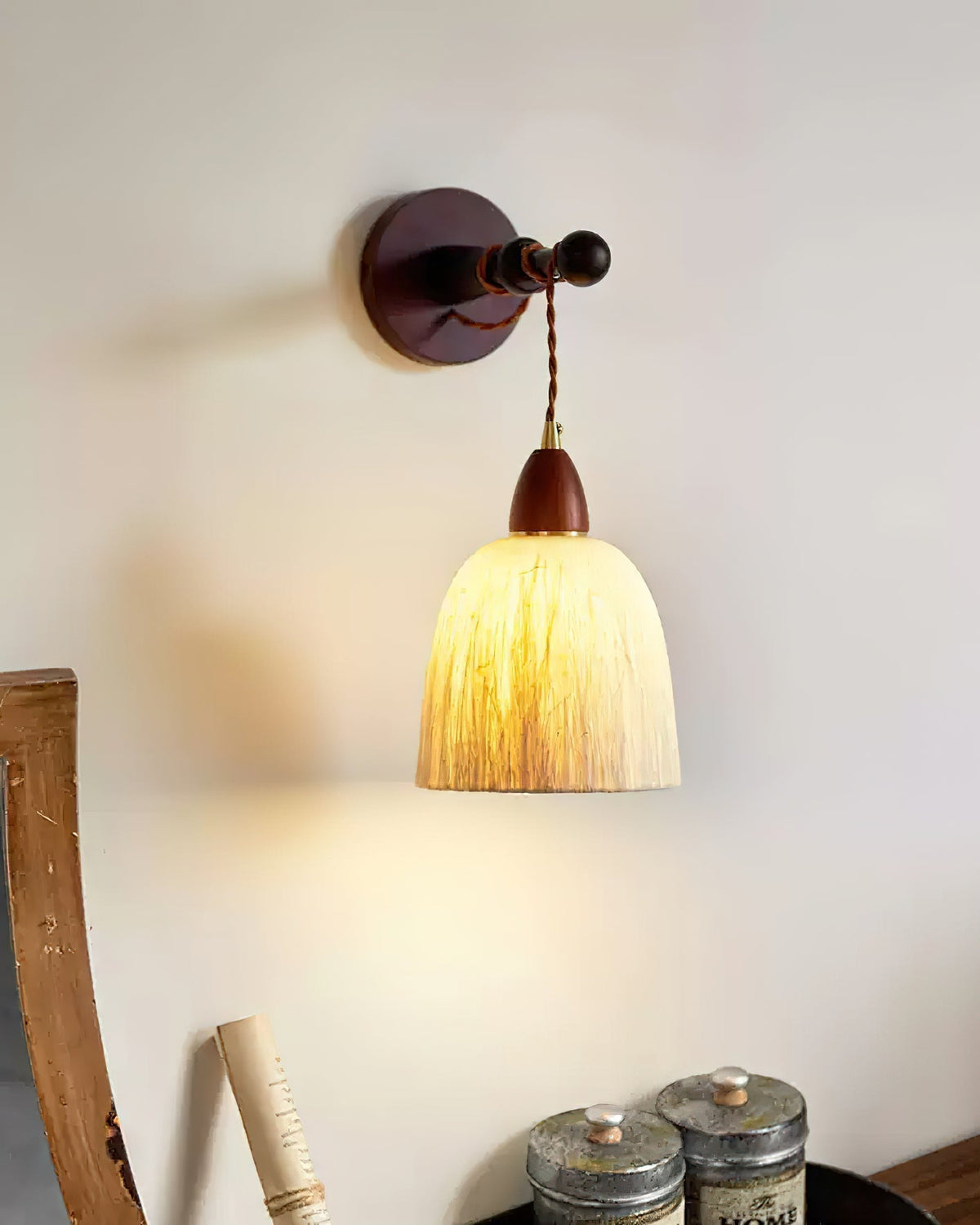 Wall Lamp Rice Paper Shade Wood Arm-Neutral Decor