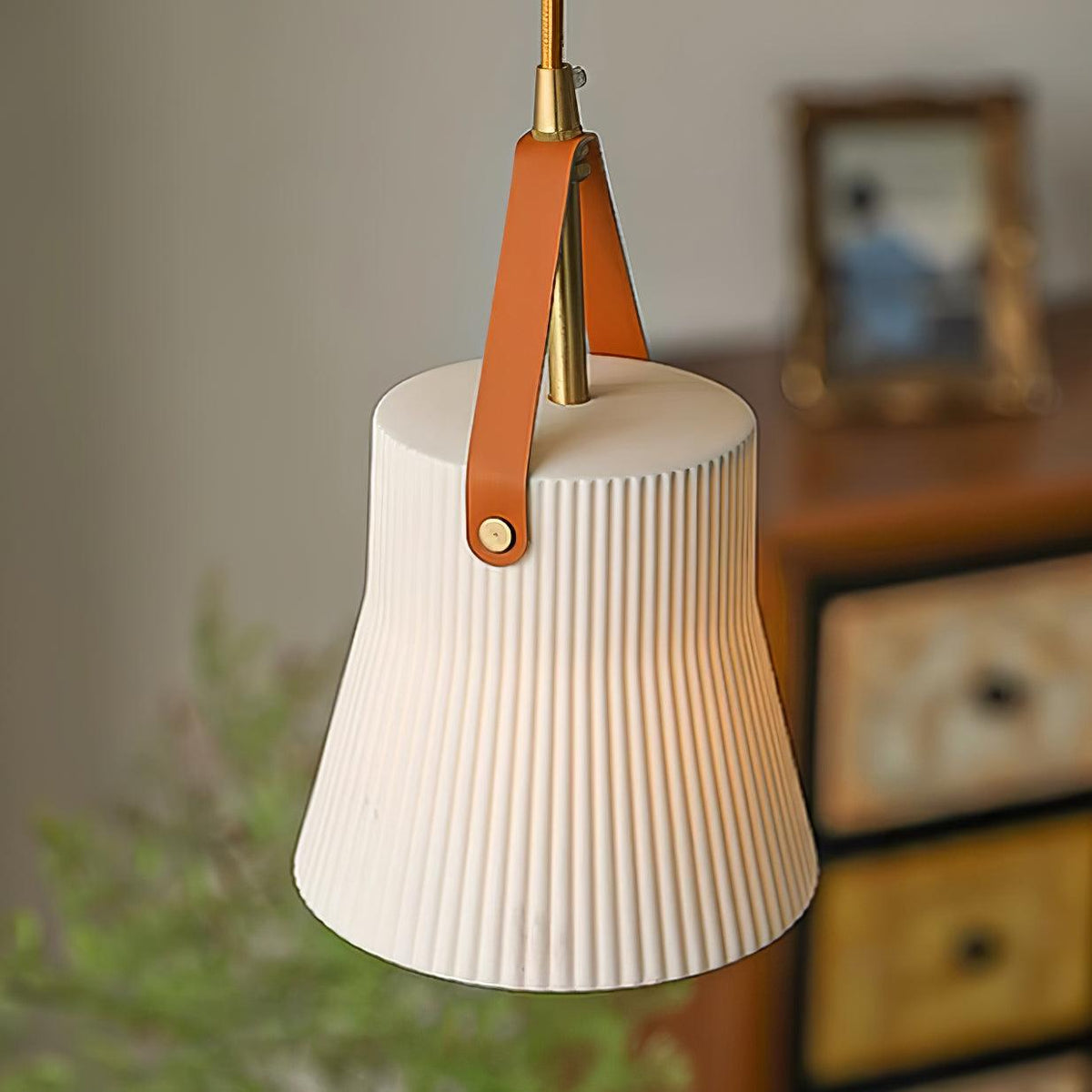 Pendant Lamp Ceramic Ribbed Shade Brass Leather Strap Modern-Neutral Decor