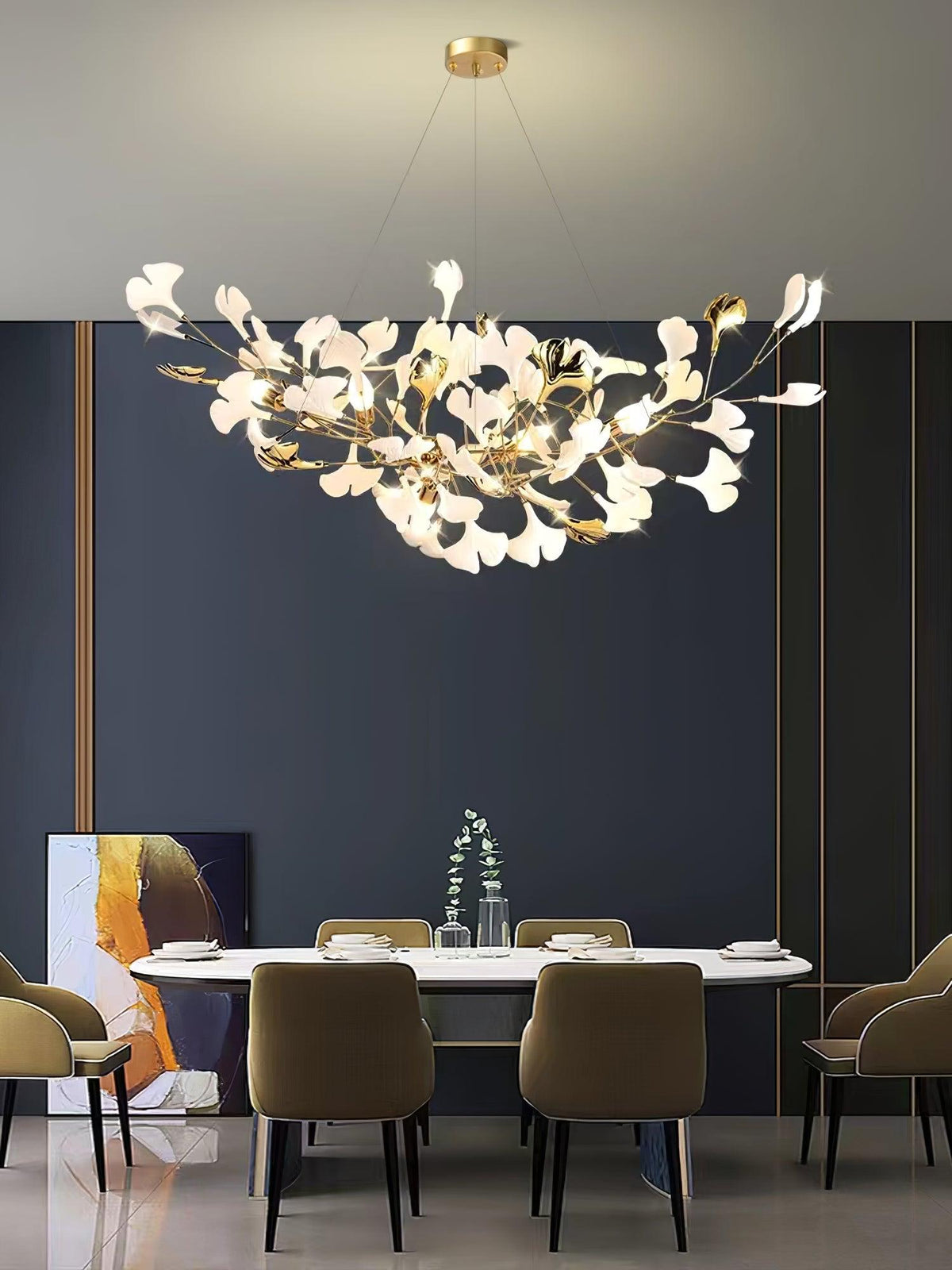 Chandelier White Ceramic Ginkgo Petals Gold-Neutral Decor
