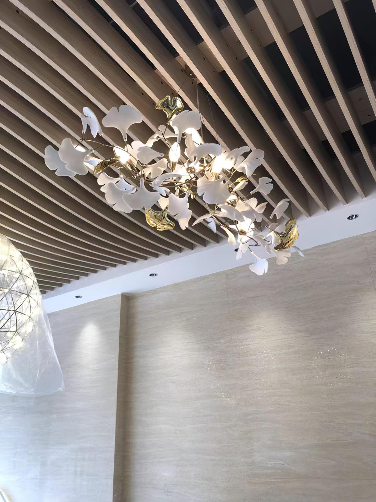 Chandelier White Ceramic Ginkgo Petals Gold-Neutral Decor