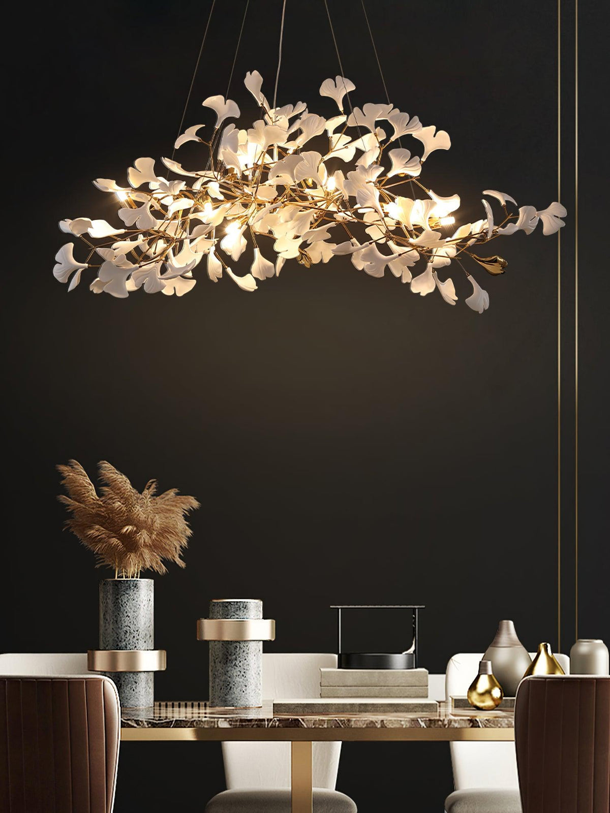 Chandelier White Ceramic Ginkgo Petals Gold-Neutral Decor