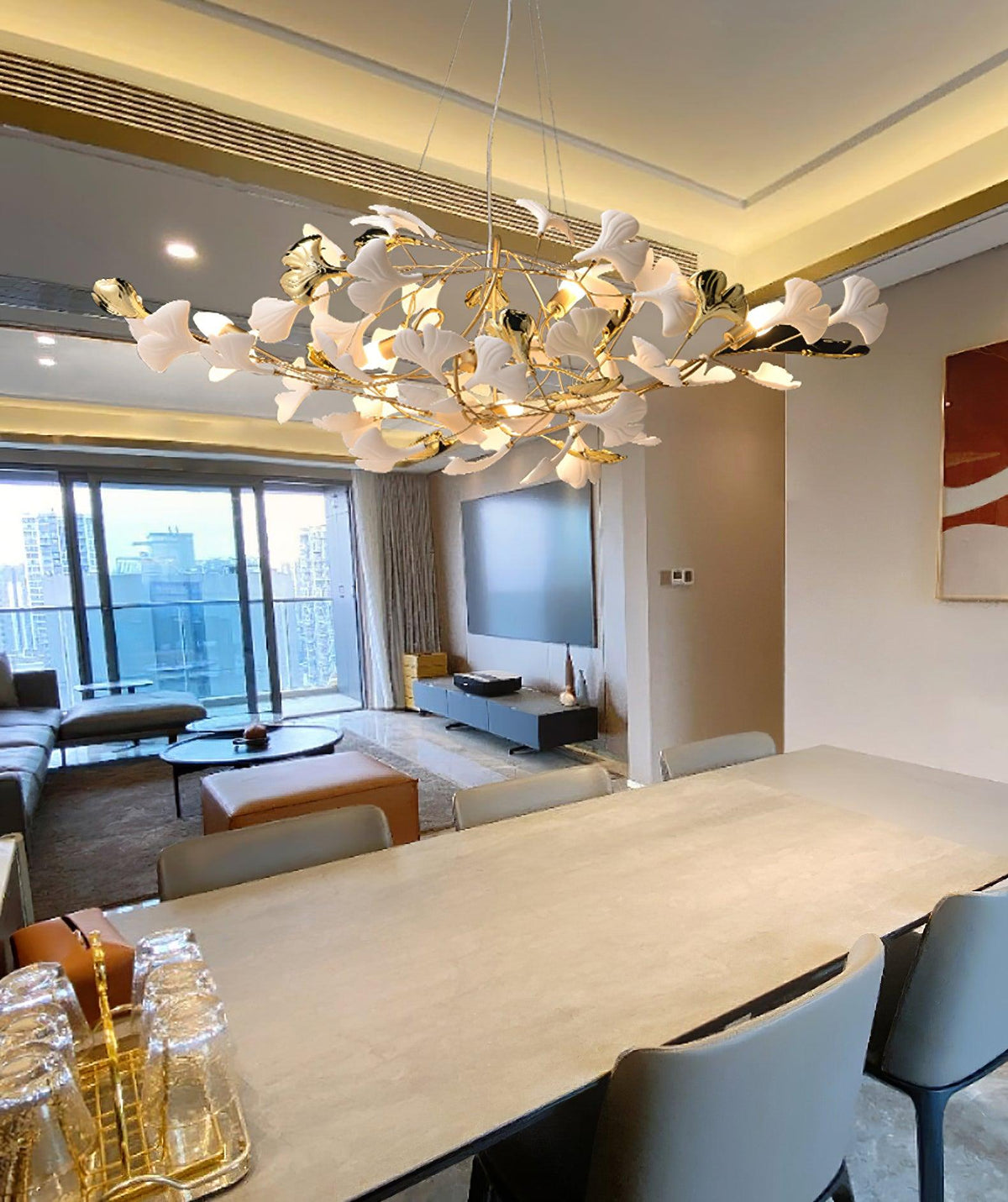 Chandelier White Ceramic Ginkgo Petals Gold-Neutral Decor