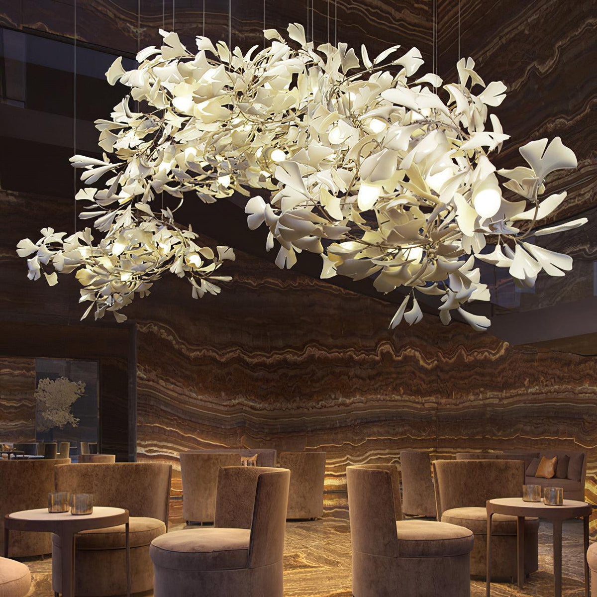 Chandelier White Ceramic Ginkgo Petals Gold-Neutral Decor