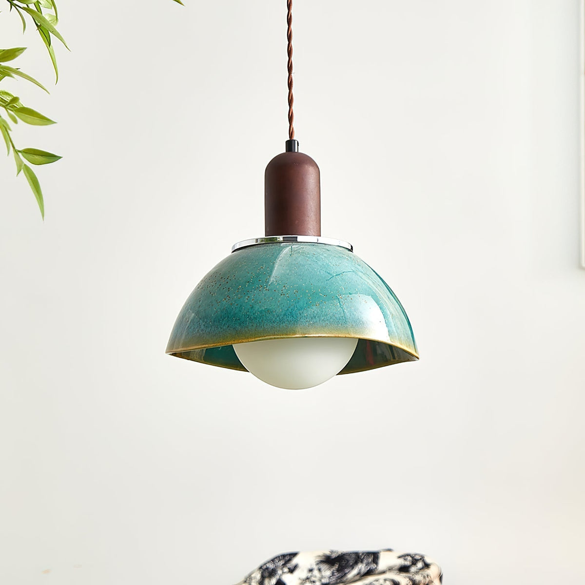 Pendant Lamp Ceramic Glazed Dome Walnut Wood Rustic Ambient Glow-Neutral Decor