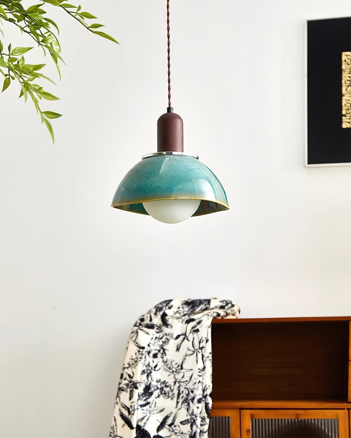 Pendant Lamp Ceramic Glazed Dome Walnut Wood Rustic Ambient Glow-Neutral Decor