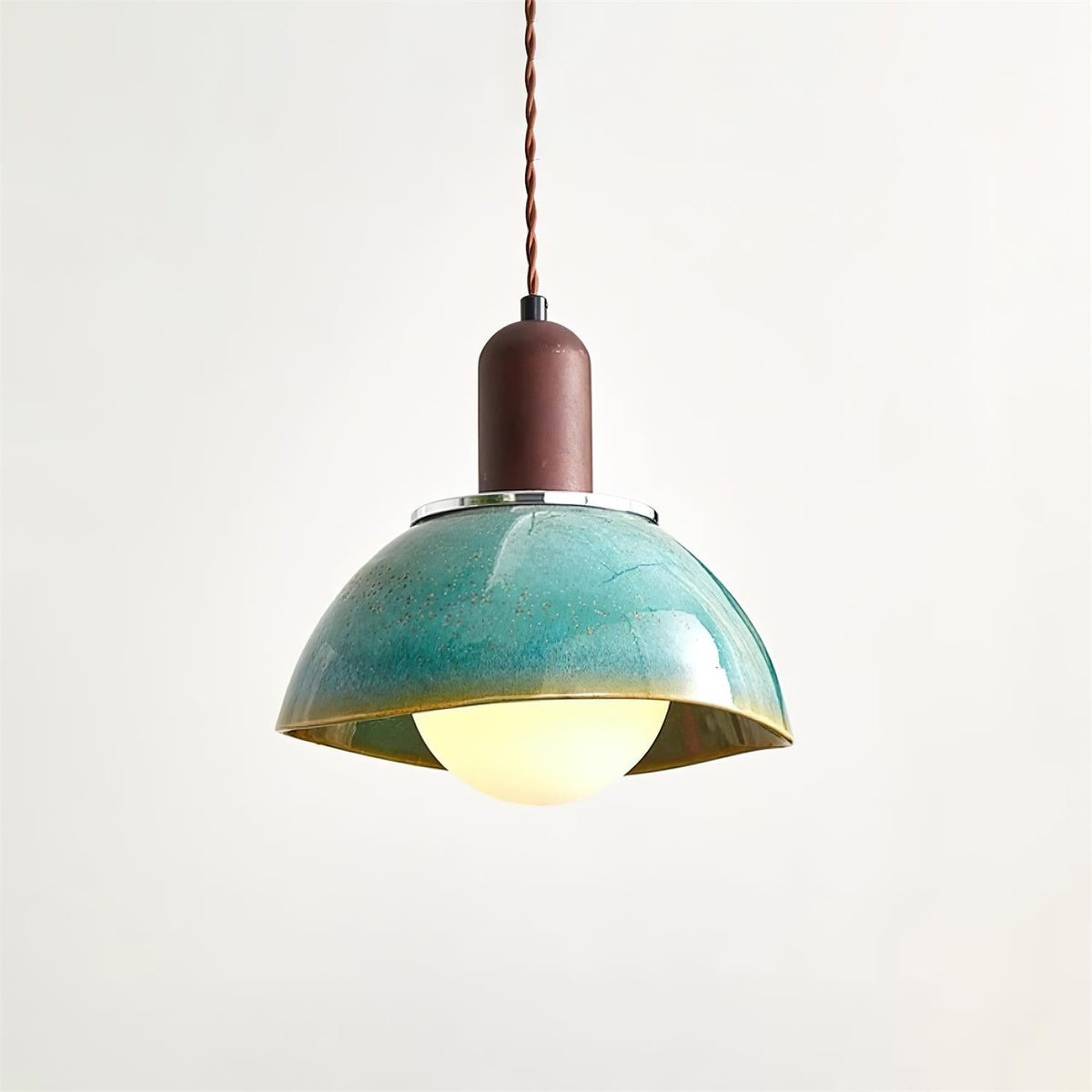 Pendant Lamp Ceramic Glazed Dome Walnut Wood Rustic Ambient Glow-Neutral Decor