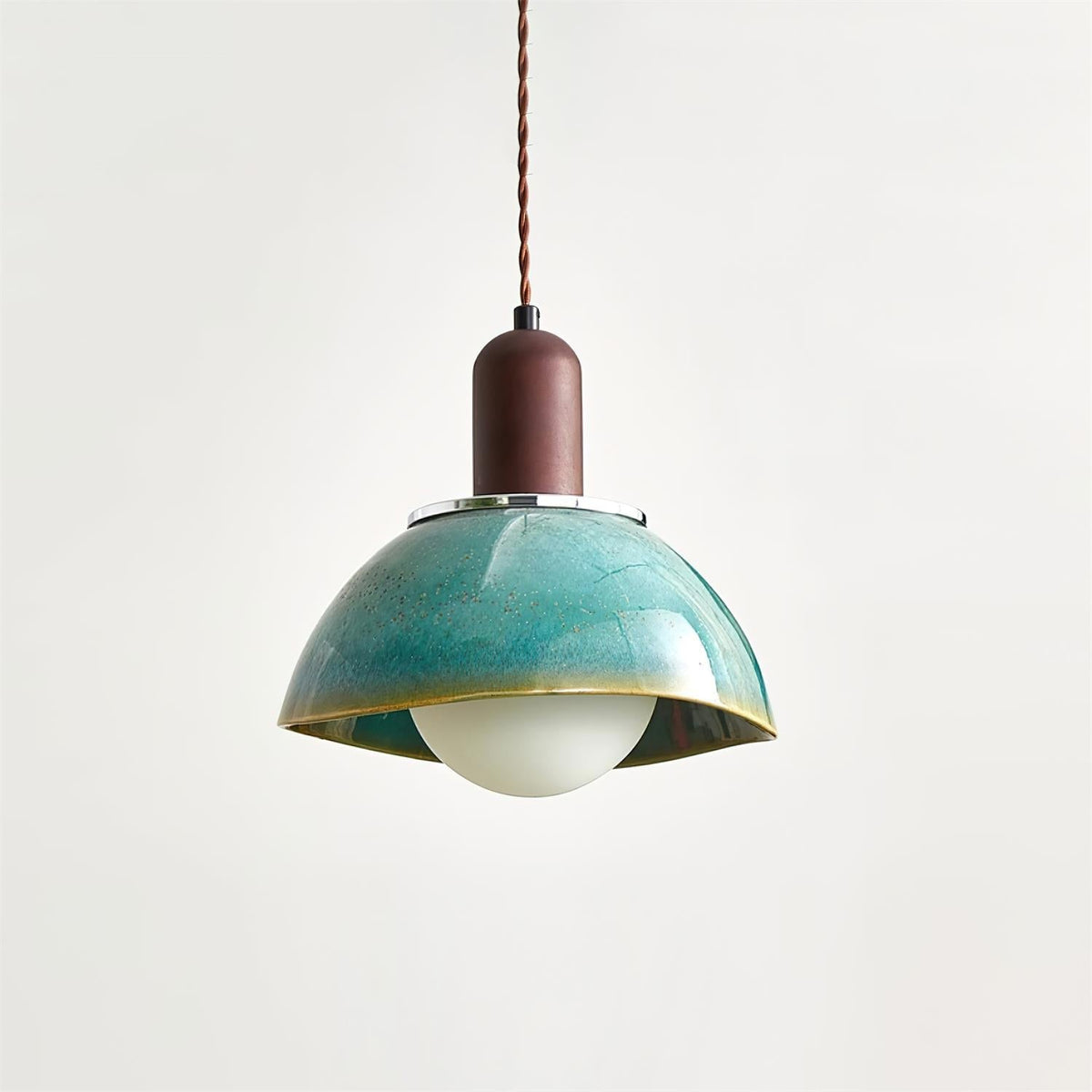 Pendant Lamp Ceramic Glazed Dome Walnut Wood Rustic Ambient Glow-Neutral Decor