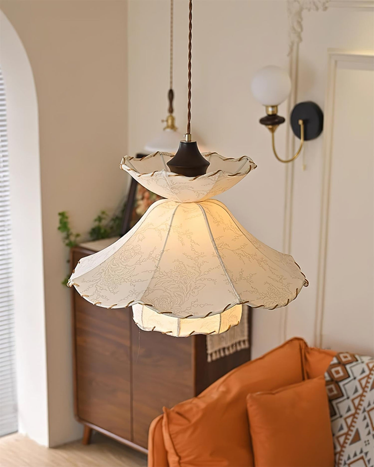 Pendant Lamp Scalloped Layered Fabric Shade Wood Minimalist-Neutral Decor