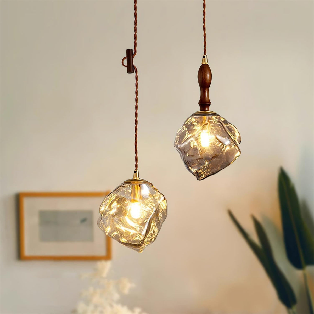 Pendant Light Walnut Wood Glass Cube-Neutral Decor