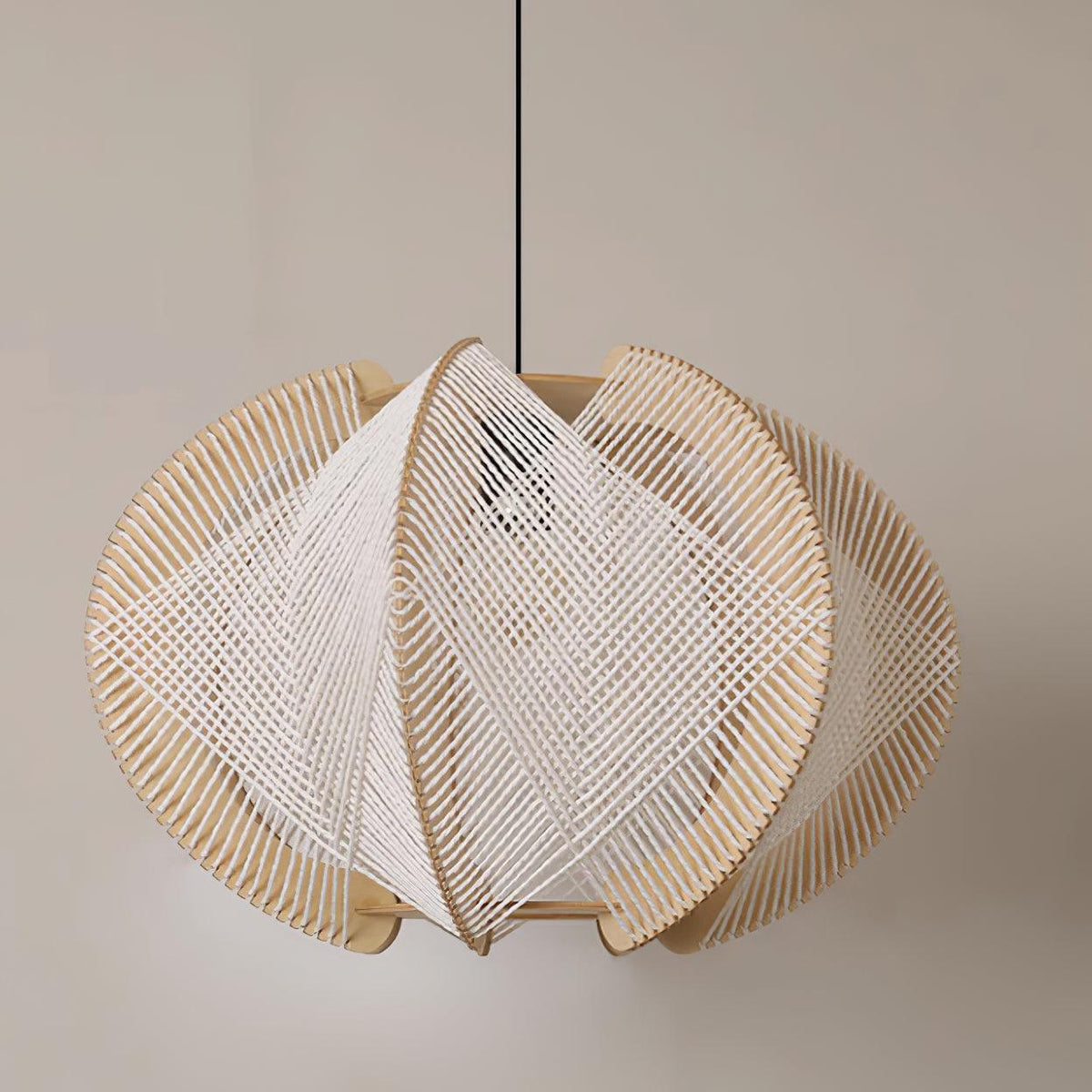 Vanto Pendant Light with Fabric Shade, Wooden Frame, and Wire Detail-Neutral Decor