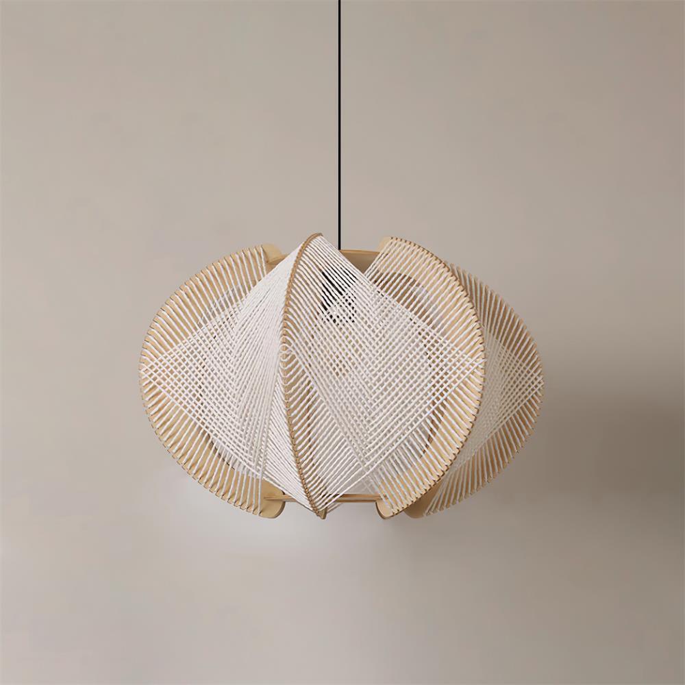 Vanto Pendant Light with Fabric Shade, Wooden Frame, and Wire Detail-Neutral Decor