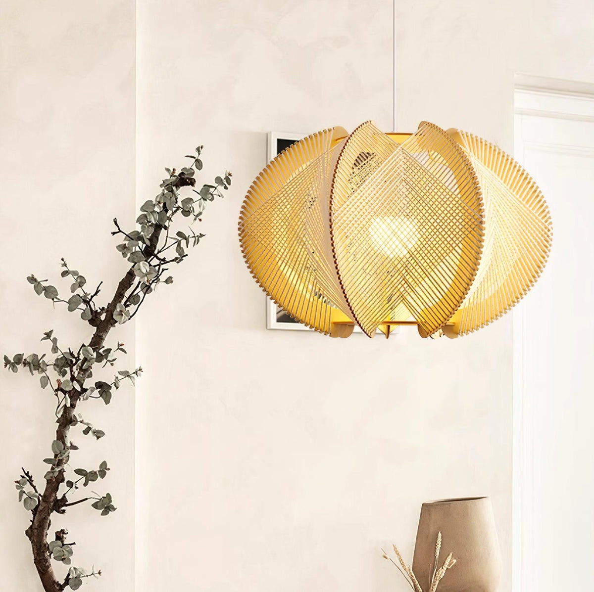 Vanto Pendant Light with Fabric Shade, Wooden Frame, and Wire Detail-Neutral Decor