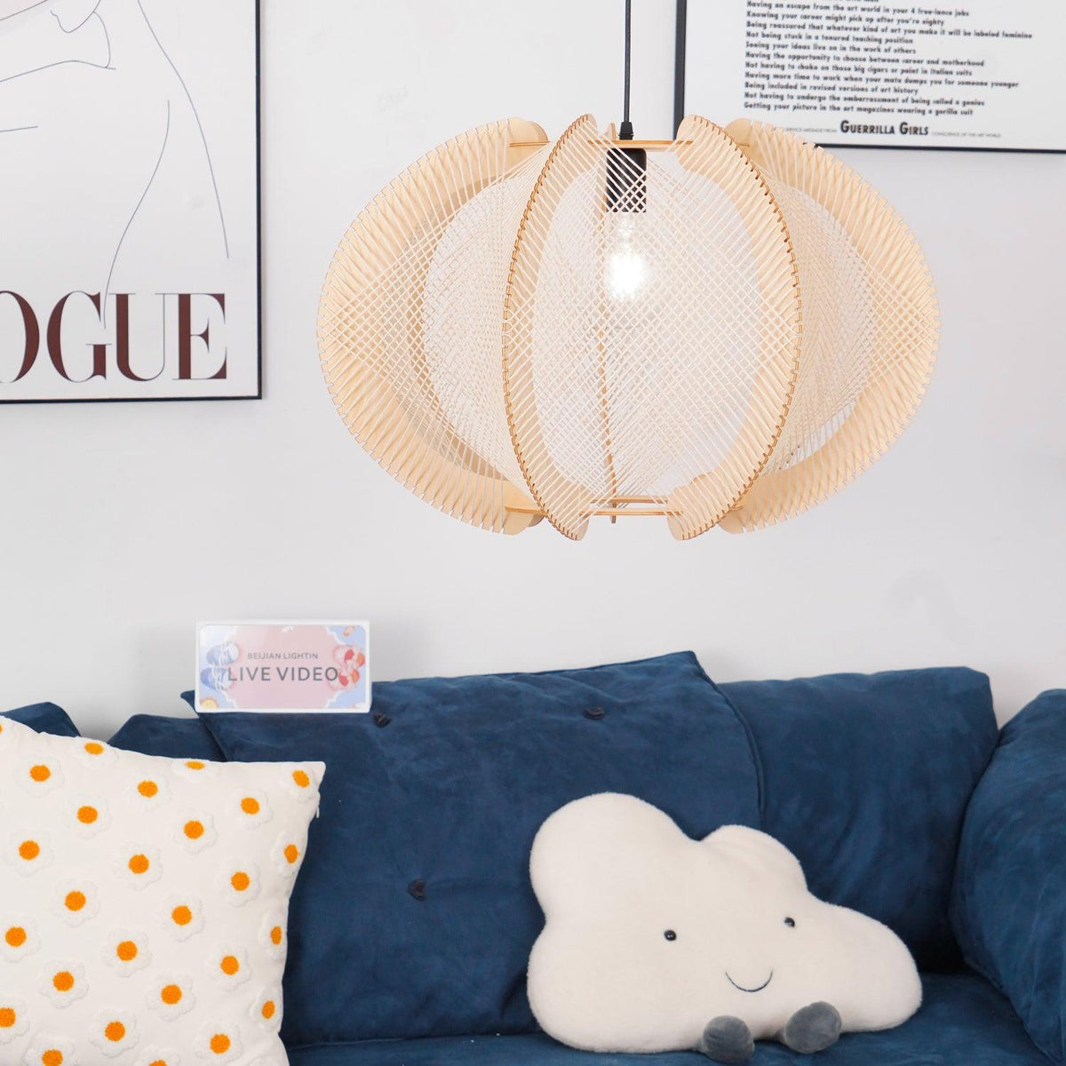 Vanto Pendant Light with Fabric Shade, Wooden Frame, and Wire Detail-Neutral Decor