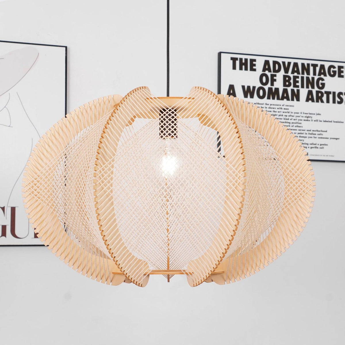 Vanto Pendant Light with Fabric Shade, Wooden Frame, and Wire Detail-Neutral Decor