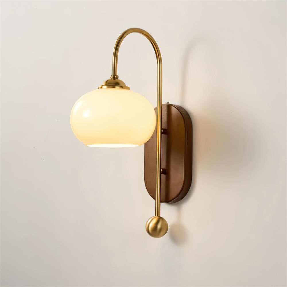 Wall Lamp Metal and Glass Smooth Globe with Wooden Backplate-Neutral Decor