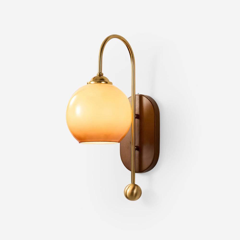 Wall Lamp Metal and Glass Smooth Globe with Wooden Backplate-Neutral Decor