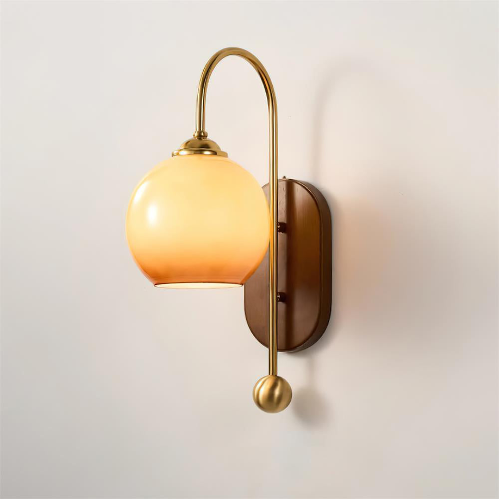 Wall Lamp Metal and Glass Smooth Globe with Wooden Backplate-Neutral Decor