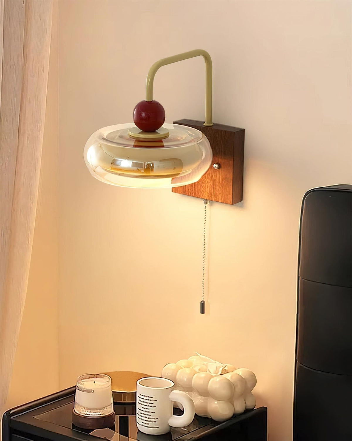 Lumiva Wall Lamp Retro & Glass Wood Pull-Chain-Neutral Decor