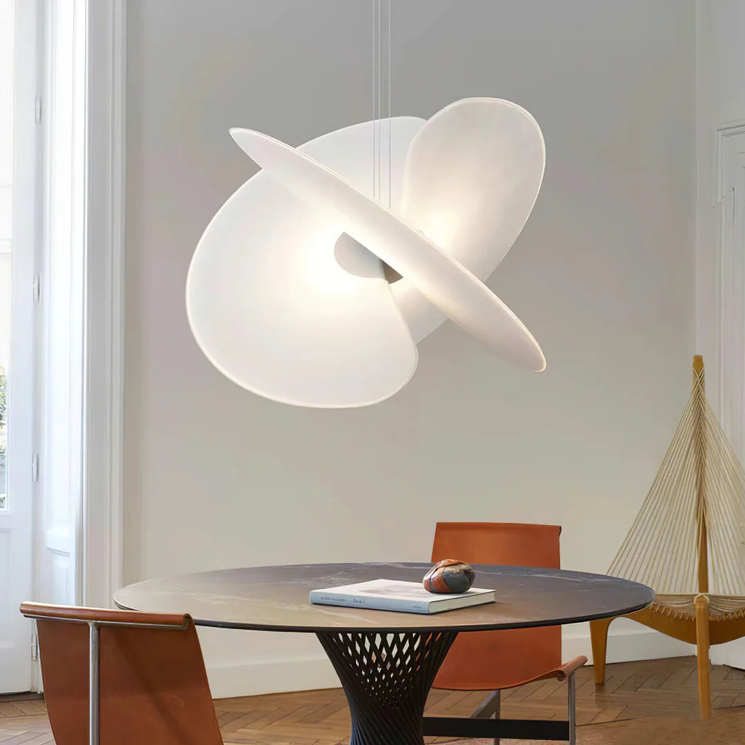 Close-up view of the delicate white silk material of the Levante Pendant Light.