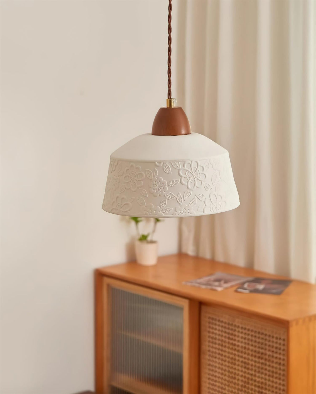 Pendant Lamp Textured Ceramic Drum Walnut Wood Retro-Neutral Decor