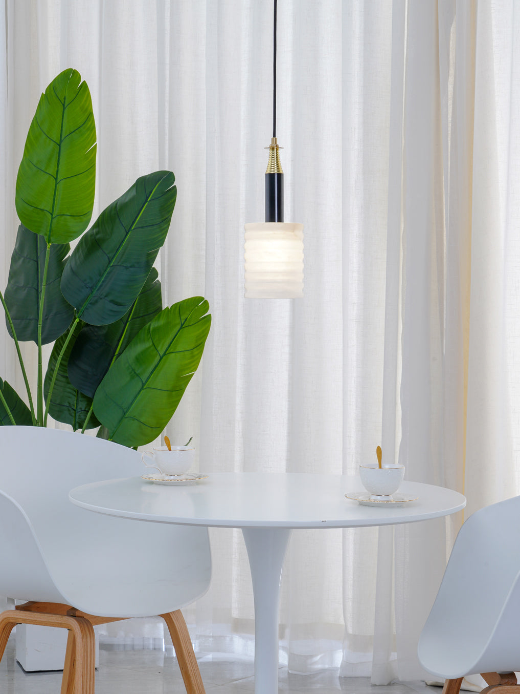 Alabaster Pendant Lamp Ribbed Cylinder-Neutral Decor