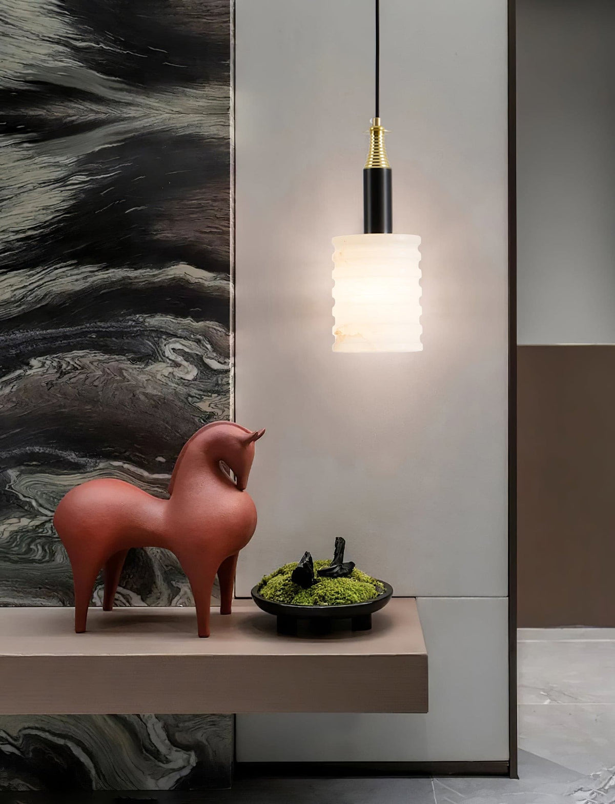 Alabaster Pendant Lamp Ribbed Cylinder-Neutral Decor