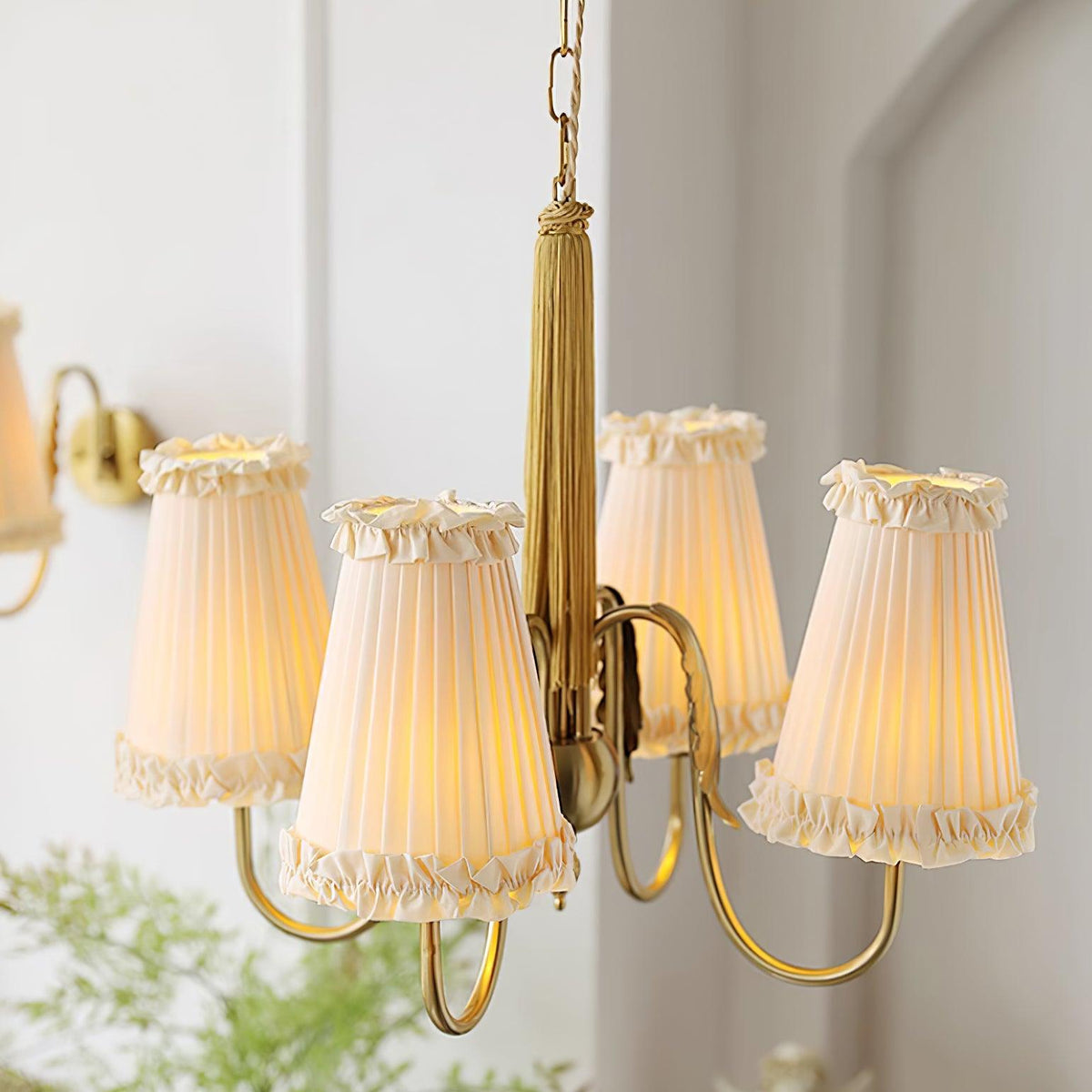 Faylin Vintage Brass Chandelier with Pleated Shades-Neutral Decor