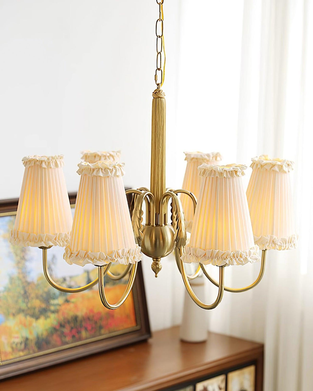 Faylin Vintage Brass Chandelier with Pleated Shades-Neutral Decor