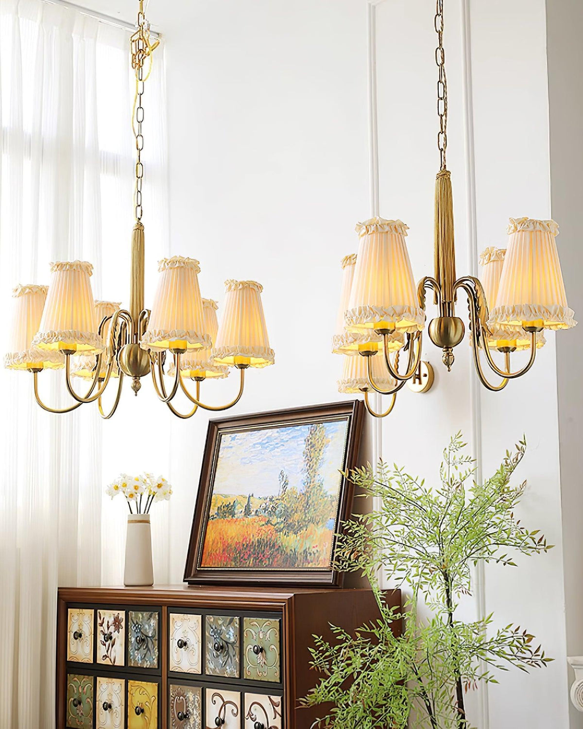 Faylin Vintage Brass Chandelier with Pleated Shades-Neutral Decor